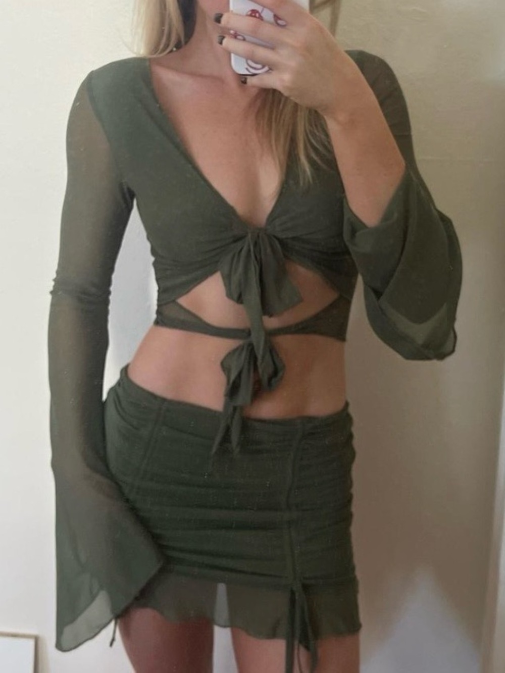 Edikted Mesh Olive Green Ruched Mini Skirt and Tie Front Long Sleeve Top